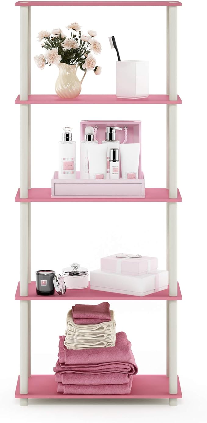 Furinno Turn-N-Tube Multipurpose Shelf / Display Rack / Storage Shelf / Bookshelf, 5-Tier Round Tube, Pink/White-NeatNest