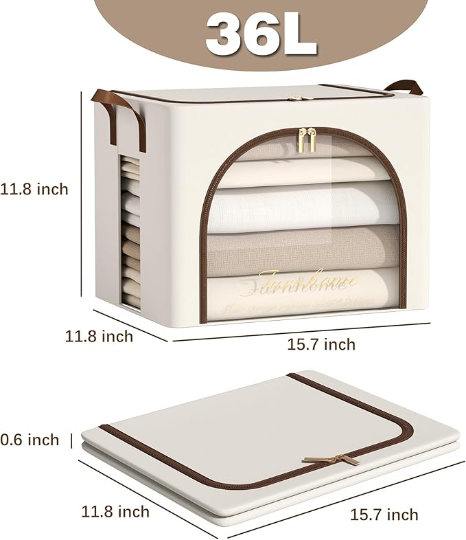 Furnhome 3 pack Clothes Storage Bins with metal Frame, sweater storage for closet, Stackable Storage bins for clothes, Foldable Clothing Storage bins with Cedar Blocks& Windows&Zippers|36L-Off White