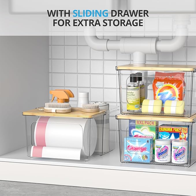 Trash Bag Dispenser Roll Holder - Clear Garbage Bag Holder Dispenser with Bamboo Lid and Sliding Drawer Box, Trash Bag Holder for Kitchen, Under Sink, Laundry Room Organization and Storage-NeatNest