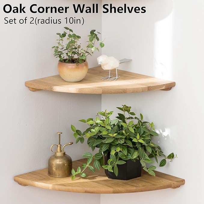 Corner Shelves, Floating Corner Shelf, Set of 2 10inch Solid Oak Wood Corner Wall Shelves, Round End Wall Mount Display Shelf with Wire Hole for Bedroom Kitchen, Living Room-NeatNest