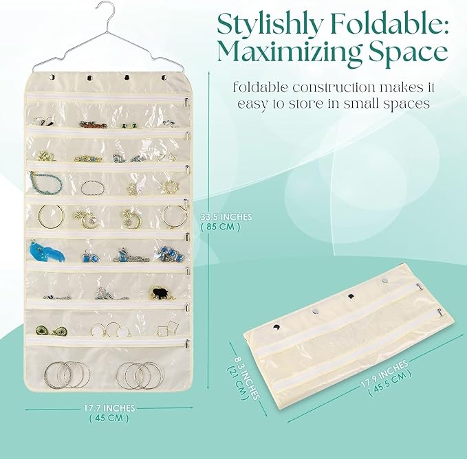 Flexzion Hanging Jewelry Organizer with Zippered Pockets - (1 Pack) Beige Closet Jewelry Organizer Storage with Hanger, 56 Pockets Dual Sided Earring Organizer Hanging for Bracelet, Watches, Ring-NeatNest