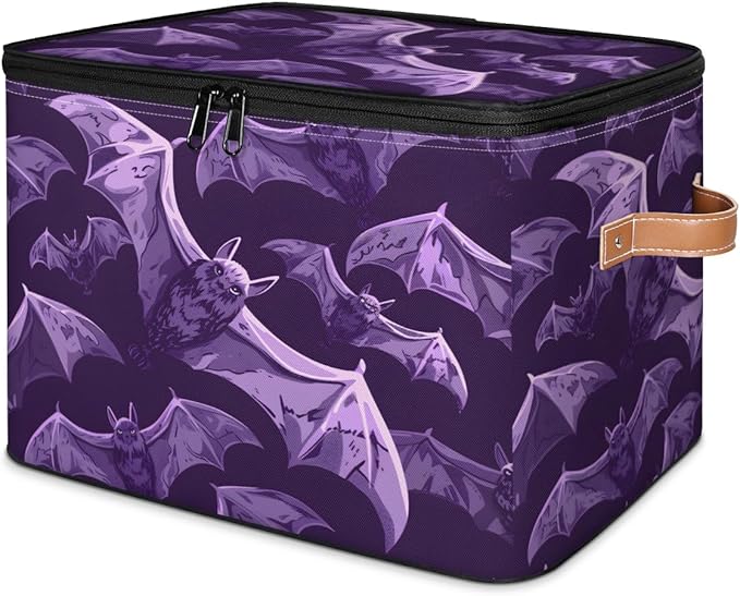 Halloween Bat Storage Bins with Lids, Purple Bats Fabric Storage Boxes with Zipper, Collapsible Decorative Closet Organizer Cube for Clothes,Organizing, Shelves-NeatNest