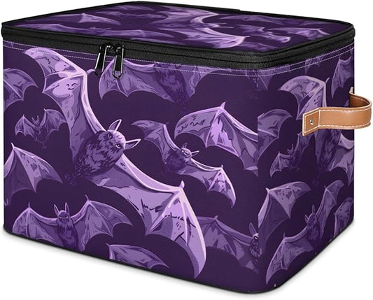 Halloween Bat Storage Bins with Lids, Purple Bats Fabric Storage Boxes with Zipper, Collapsible Decorative Closet Organizer Cube for Clothes,Organizing, Shelves-NeatNest