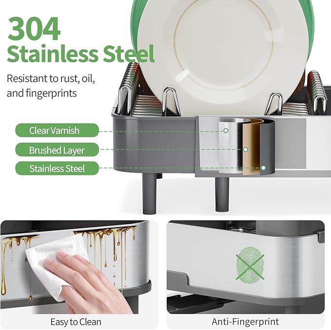 Expandable Dish Drying Rack,Foldable 304 Stainless Steel Dish Rack with Dual Parts, Extendable Dish Drainer Rack for Kitchen Counter, Dish Drying Rack with Cutlery Holder Gray