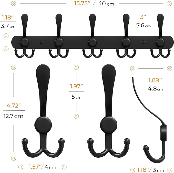 Coat Rack Wall Mount with 5 Tri Hooks, Stainless Steel 16 Inch – Black Matte Finish, Heavy Duty Wall Mounted Hook Rack for Coats, Hats, Towels, Scarfs, Robes, Bags, Entryway & Bathroom-NeatNest
