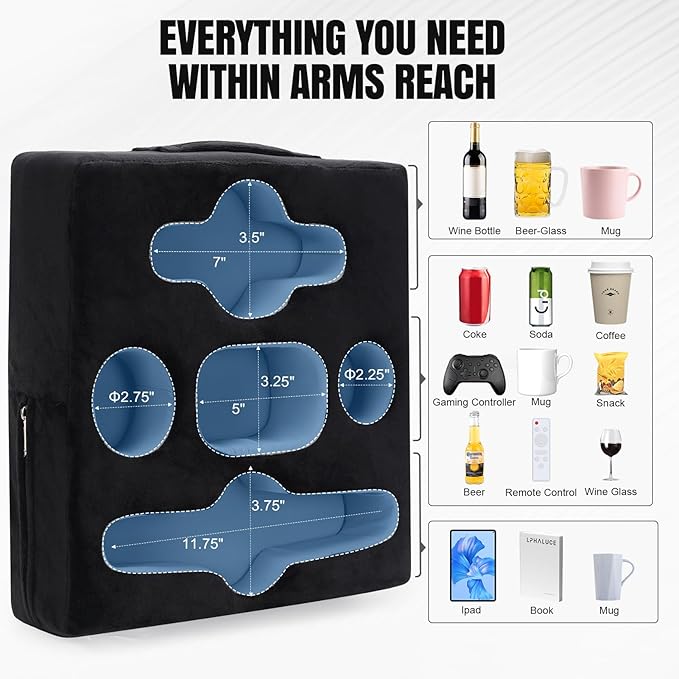 STBoo Couch Cup Holder Pillow Tray - Sofa Drink Cup Holder Cozy Buddy | Bed Caddy Organizer for Remote, Snacks Beverage, Phones, Tablet | Use it on Car, Pack, Beach, RV, Boat, Bedroom (Black)-NeatNest