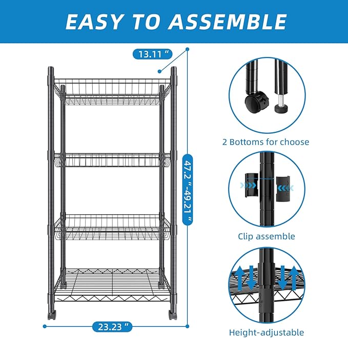 4 Tier Wire Shelving Wire Basket Shelf Storage Cart Adjustable Metal Shelf 2 Bottoms for Choose(Castor or Leveling Feet) for Office,Kitchen,Bedroom,Black(23.23" L x 13.11" W x 49.21" H)