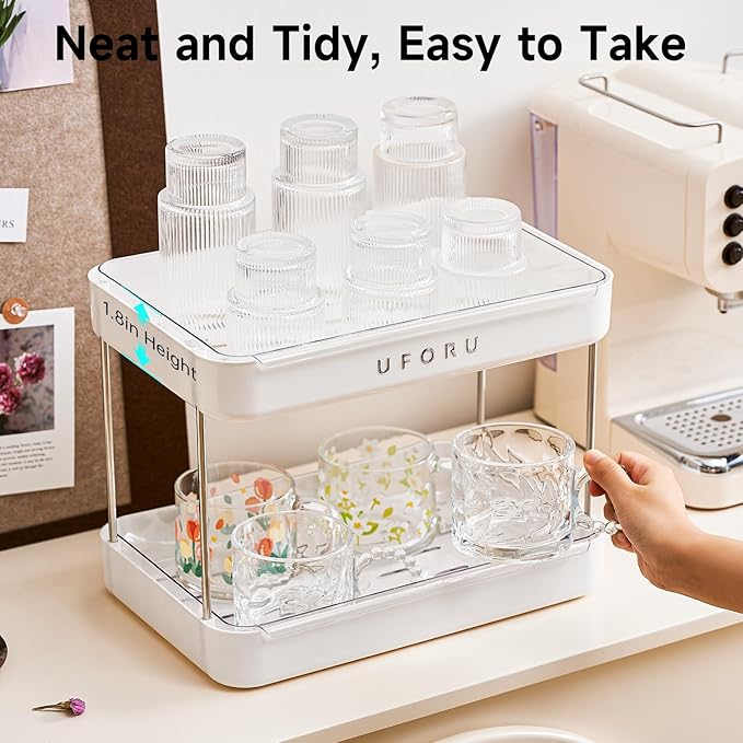 Countertop Coffee Station Organizer| 2-Tier Whisky Glass Holder, Mug Drying Rack with Removable Drain Tray - Easy to Install, Clean - Matcha Station Shelf for Kitchen, Bathroom Counter Organzier-NeatNest