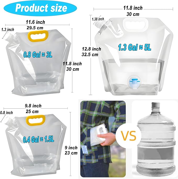 Collapsible Water Storage Bag 3-Pack(0.4 Gal + 0.8 Gal + 1.3 Gal) Portable Water Container with Faucet for Camping,Hiking, Emergency | Transparent Outdoor Water Bag with Carry Handle (3-Pack 2.5 Gal)-NeatNest