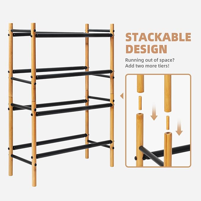 STORAGE MANIAC Expandable Shoe Rack, 12 Pairs Stackable Small Shoe Rack, Metal Adjustable Shoes Organizer for Closet, Entryway, Hallway, Garage, Front Door, Shoes Shelves, Bamboo 3 Tier-NeatNest