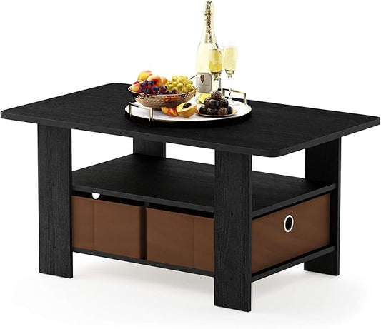 Furinno Andrey Coffee Table with Bin Drawer, Americano/Medium Brown, Small Non-Lift Top-NeatNest