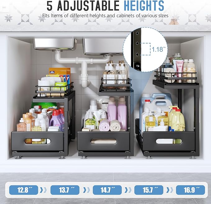 2 Pack 18 IN Depth Under Sink Organizer with Smooth Ball Bearing Slides,2-Tier Pull Out Cabinet Storage,Slide Out Drawers for Bathroom&Kitchen,Rust-resistant Coating,Height Adjustable-Black-NeatNest
