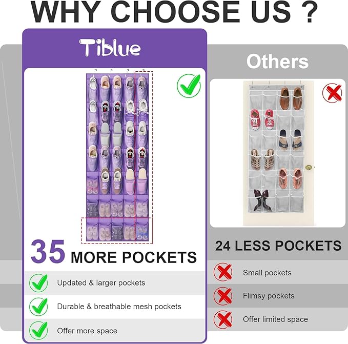 Tiblue Over The Door Shoe Organizer - 35 Mesh Pockets, Hanging Shoe Rack & Holder For Sneakers, Women's High Heels, Lavender-NeatNest