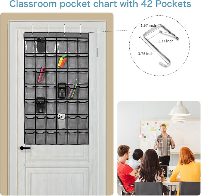 42 Pocket Classroom Pocket Chart for Cell Phones and Calculator,Clear Cellphone Pocket Chart for Classroom with Number Sticker and Hooks (Grey-42 Pockets)-NeatNest