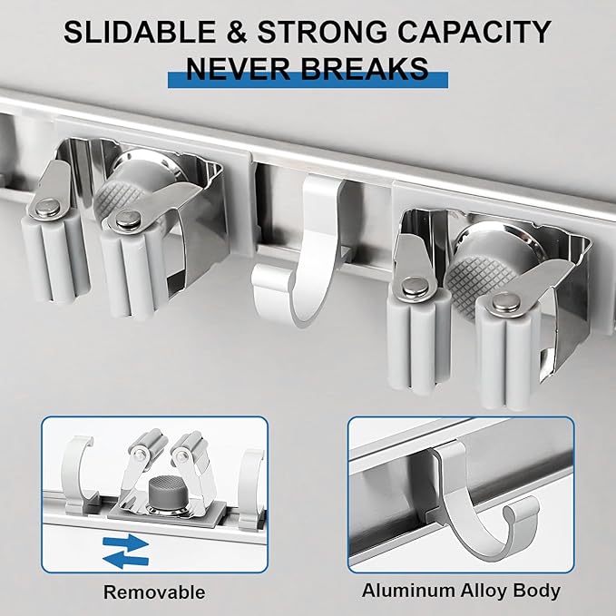 Mop and Broom Holder Wall Mount Metal Heavy Duty Utility Hooks Broom Organizer Garage Storage Systems Tool Racks for Home Laundry Garden Kitchen Organization (Silver, 2 Pack 3R4H)-NeatNest