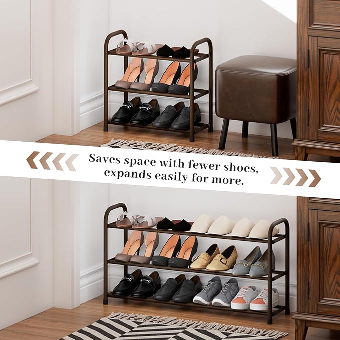 Expandable Shoe Rack, Adjustable Shoes Organizer Metal, Space-Saving Storage Shelf for Closet, Entryway, Front Door & Hallway,Sturdy and Easy Assembly (Brown, 3-Tier)