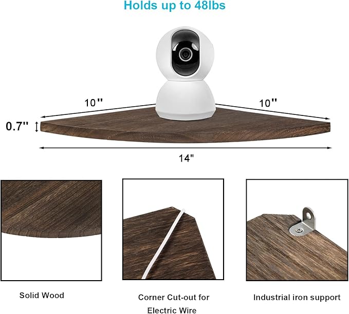 10 inch Corner Wall Shelf, Set of 2 Solid Wood Corner Floating Shelves for Wall, Round End Wall Mounted Floating Corner Shelf for Bedroom, Living Room and Kitchen (Brown-10 inch)-NeatNest