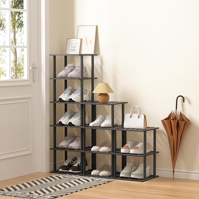 6-Tier Free Standing Shoe Racks, Bamboo Wood Shoe Rack for Entryway & Closet, Beautiful | Natural | Functional | Sturdy Shoe Rack Small Shoe Shelf for Small Spaces and Narrow Spaces Black-NeatNest