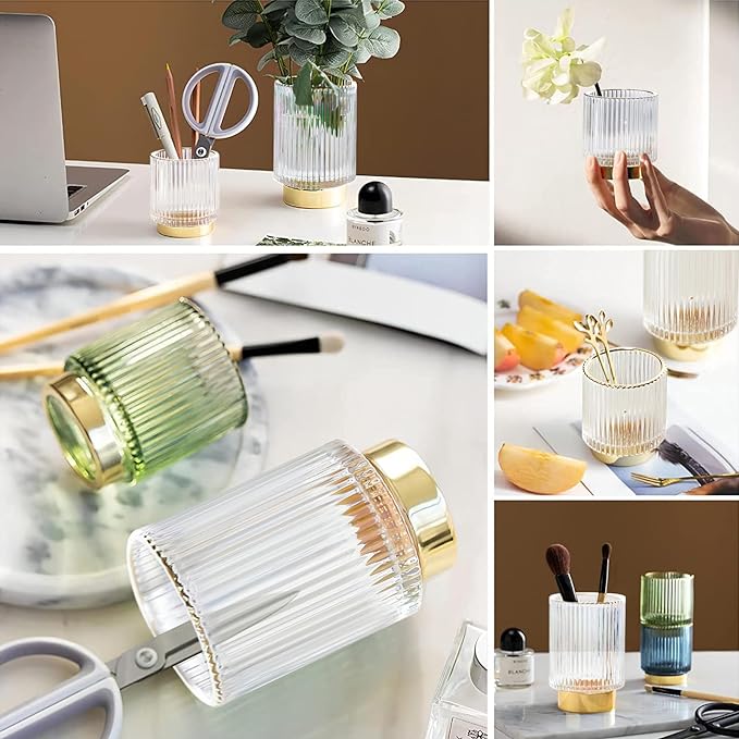DASITON Makeup Brush holder Organizer,Crystal Cosmetic Makeup Brush Glass Brushes Storage Holder, Vintage Make Up Brush Cup Pen Pencil Holder striped vase(Clear S+L)-NeatNest