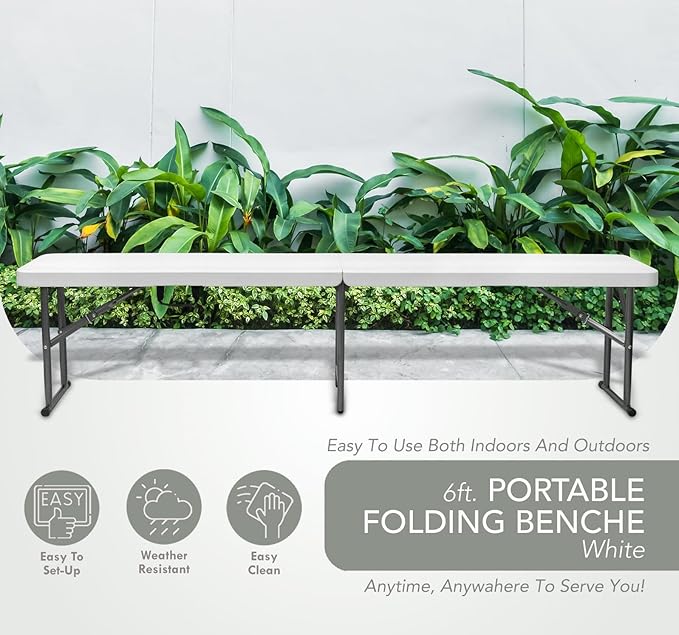 AJP Distributors 6 Foot Portable Plastic Folding Bench 6FT 72" Half Foldable Heavy Duty Seat w/Carry Handle - Indoor Outdoor Backyard Camping Picnic BBQ Party Wedding Dining Office Event Meeting White-NeatNest