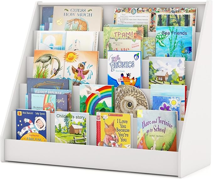 Costzon 5-Tier Kids Bookshelf, Wooden Children Bookcase, Toddler Book Rack, Magazine Storage & Display Shelf, Book Shelf for Kids Room, Living Room, Nursery, Classroom (White)-NeatNest