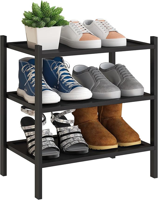 BMOSU 3-Tier Bamboo Small Shoe Rack Premium Stackable Shoe Shelf Storage Organizer for Hallway Closet Living Room Entryway Organizer(Black)-NeatNest