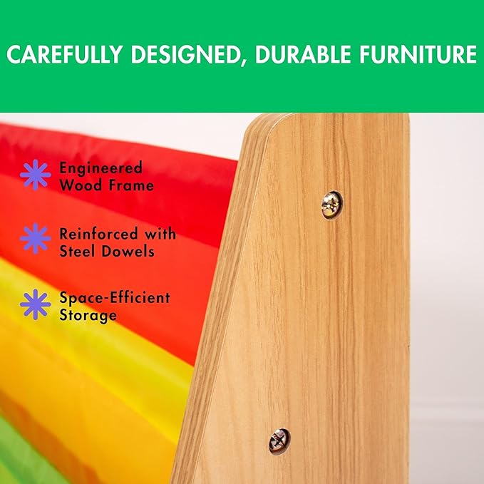 Humble Crew 4-Tier Kids Bookshelf, Natural Wood/Rainbow - Premium Book Shelf for Kids Rooms with Four Deep Pockets - Toddler Sling Book Rack with Deep Sleeves, Nursery Bookcase Organizer