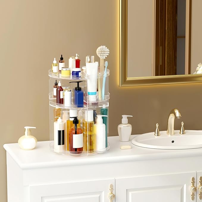 Makeup Organizer 360 rotating, Adjustable Skincare Organizer with Brush Holder, Cosmetics Display Cases for Vanity Bathroom Countertop Large Capacity Carousel Make up Caddy Shelf (Transparent)-NeatNest
