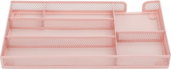 Annova Desk Drawer Organizer Tray for Office Organization - Metal Mesh - Storage Tray with Dividers for Pens, Desktop Accessories, Bathroom, Kitchen, Makeup and Office Supplies (Small, Light Pink)-NeatNest