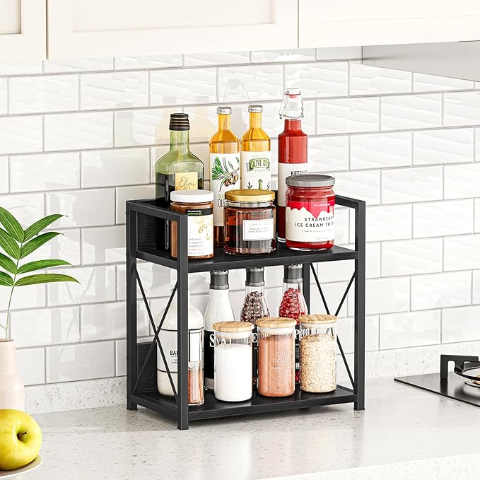 Giikin Countertop Organizer, 2 Tier Coffee Station Organizer for Desktop, Wood Counter Shelf Spice Rack for Kitchen (Black, M)-NeatNest