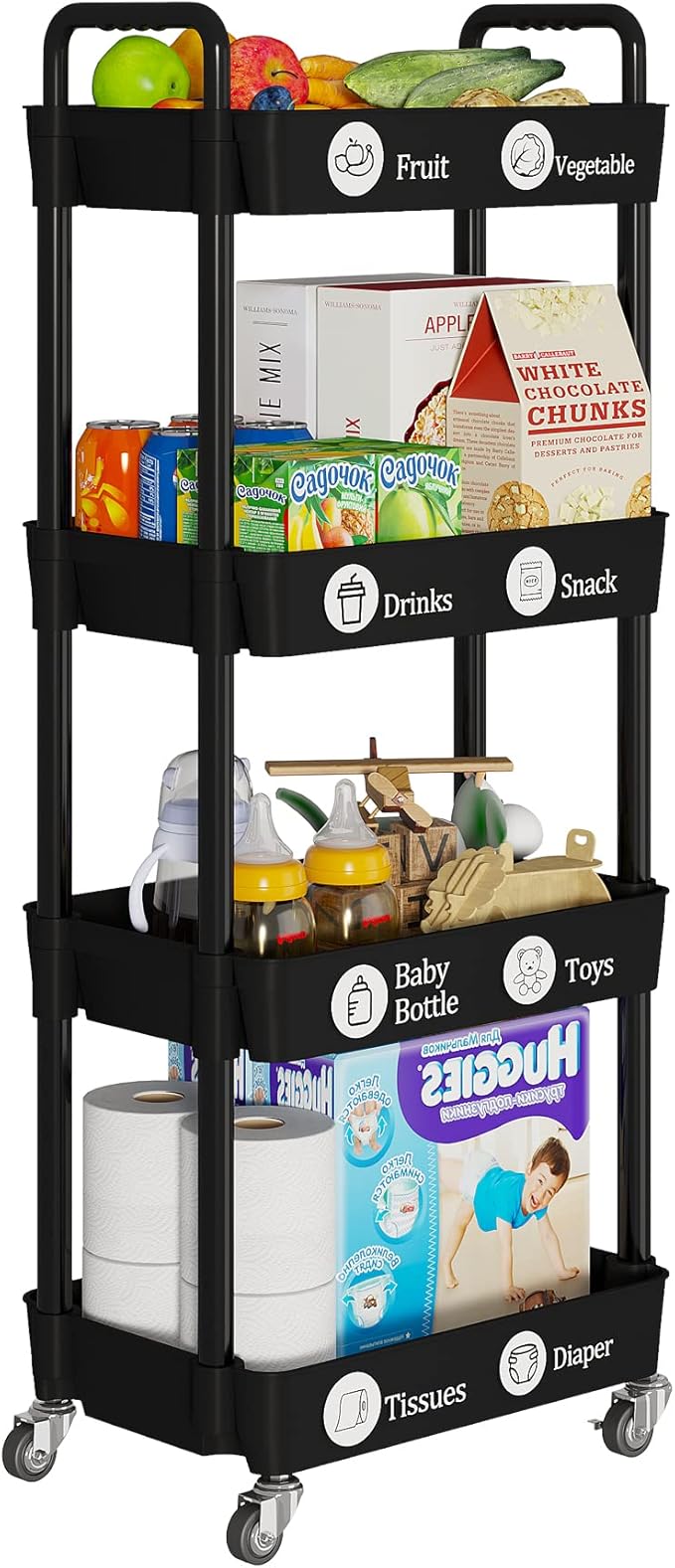 Laiensia 4-Tier Rolling Cart with Wheels,Multifunction Utility Storage carts, Kitchen Storage Organizer,Mobile Shelving Unit for Bathroom,Laundry,with Classified Stickers,Black-NeatNest