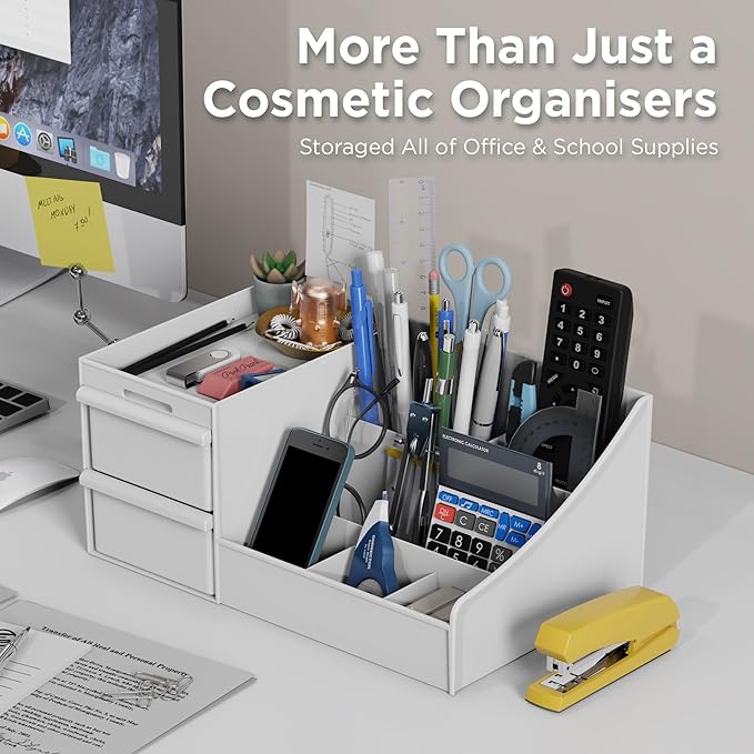 Makeup Organizer Countertop, Vanity Organizer with Drawers for Cosmetics, Skincare, Brushes, Perfume, Skincare Organizer for Vanity, Perfume Organizer for Dresser, Bathroom (White&2 Drawers)-NeatNest