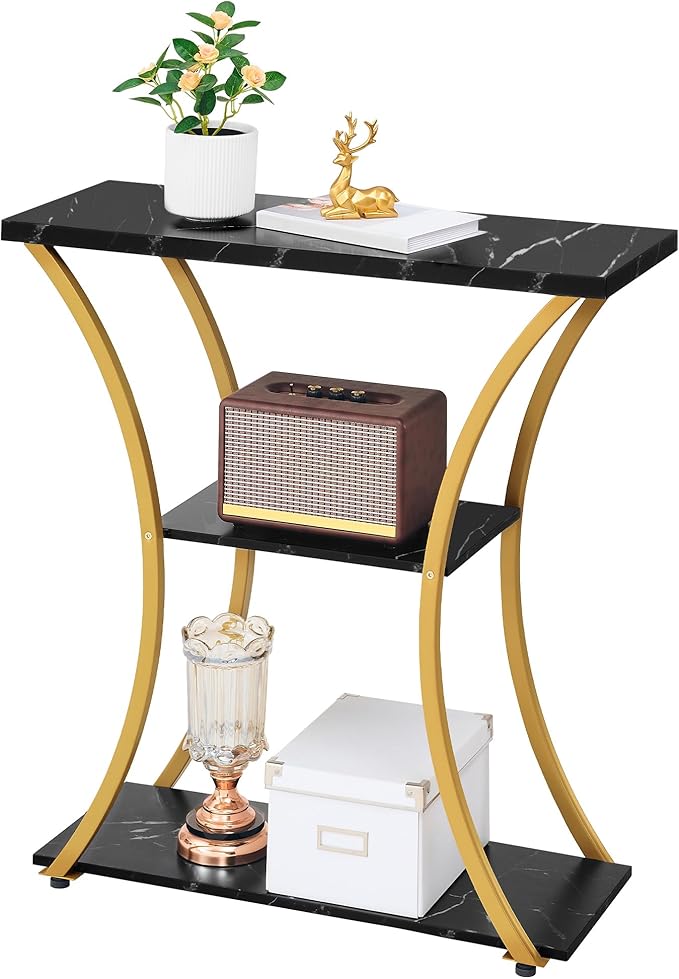 Hoctieon 3 Tier Console Table with Open Wood Shelves, Decorative Entryway Table with Curved Metal Frames, Narrow Sofa Table for Entrance, Living Room, Hallway, Gold and Black Marbled-NeatNest