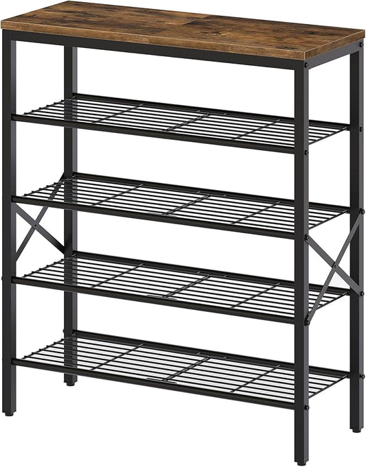5-Tier Shoe Rack, Shoe Storage for Entryway and Closet, Free Standing Shoe Organizer with Metal Mesh Shelves, 16-20 Pairs of Shoes, Rustic Brown and Black SS05BR-NeatNest
