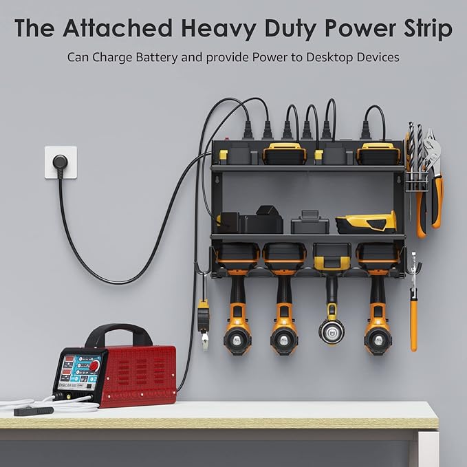 CCCEI Modular Power Tool Organizer Wall Mount with Charging Station. Garage 4 Drill Storage Shelf with Hooks, Screwdriver, Drill Bit Heavy Duty Rack, Tool Battery Holder Built in 8 Outlet Power Strip.-NeatNest