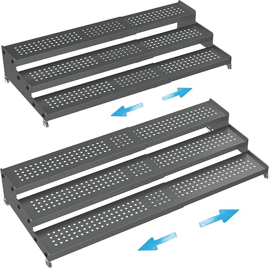 Expandable Spice Rack organizer with 3-Tier step shelf,Modern Design heavy duty,Non Skid and Visibility,Great for Kitchen Cabinet, Pantry and more(2PACKS/GUN-GREY)-NeatNest