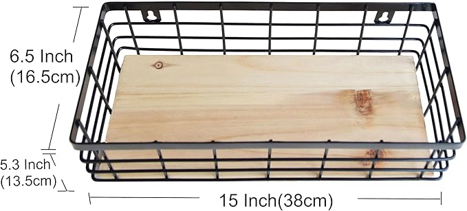 Metal Wire Basket Detachable Wood Base Storage Organizer Farmhouse Bin for Kitchen Cabinets, Bathroom, Pantry, Laundry Room, Closets，1 Pack in Black Color,Size Big