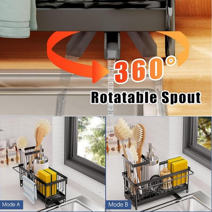 Sponge Holder for Kitchen Sink, Sink Caddy with Dishcloth Holder Self Drain Tray, Rustproof Kitchen Sink Organizer for Sponge, Soap Dispenser Kitchen Organizers Storage (Black Large)