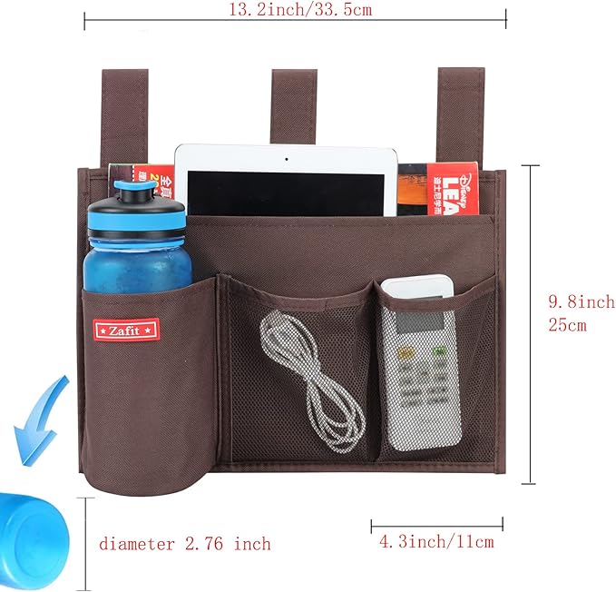 Hanging Bedside Caddy, Bedside Storage Organizer for Magazine, Phone, Remote control (4 Pockets-Coffee)-NeatNest