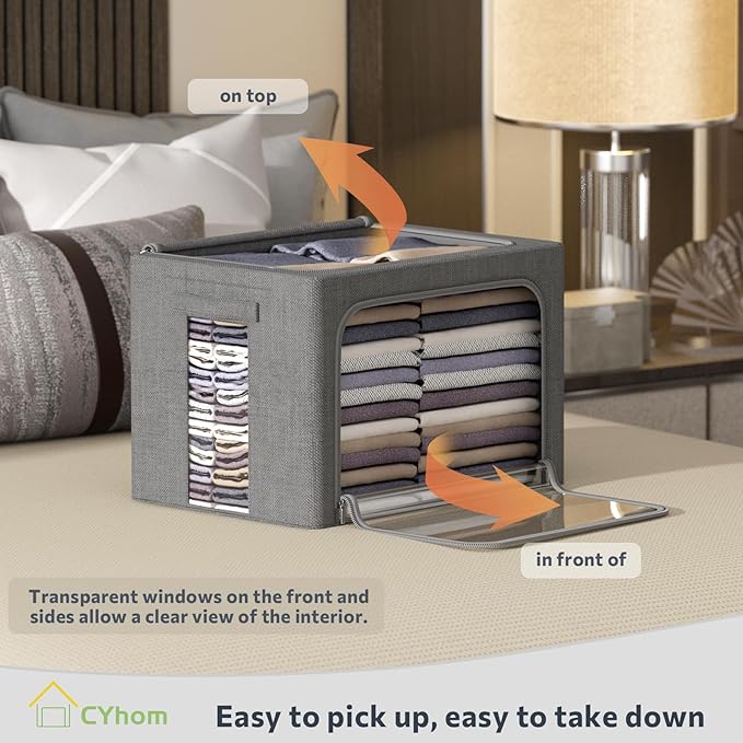 Clothes Storage Bins Box - Linen Fabric Foldable Stackable Container Organizer Set with Clear Window & Carry Handles & Metal Frame - 2Pack Large Capacity for Bedding, Blankets, Books-NeatNest