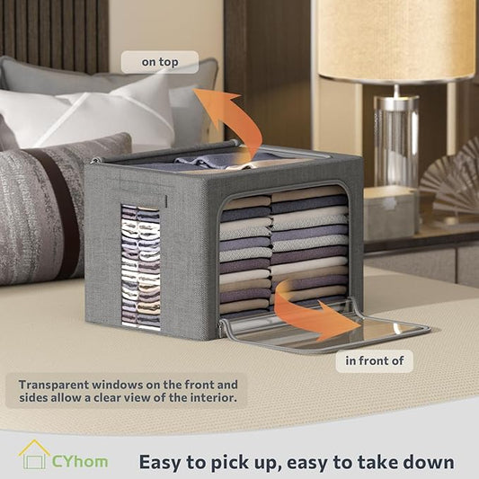 Clothes Storage Bins Box - Linen Fabric Foldable Stackable Container Organizer Set with Clear Window & Carry Handles & Metal Frame - 2Pack Large Capacity for Bedding, Blankets, Books-NeatNest