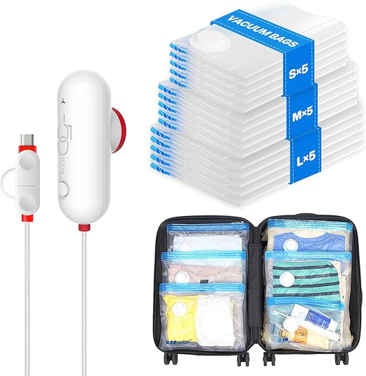 VMstr 15 Pack Travel Vacuum Storage Bags with USB Pump, Vacuum Packing Seal for Luggage and Suitcase, Space Saver for Clothes and Clothing Travel-NeatNest