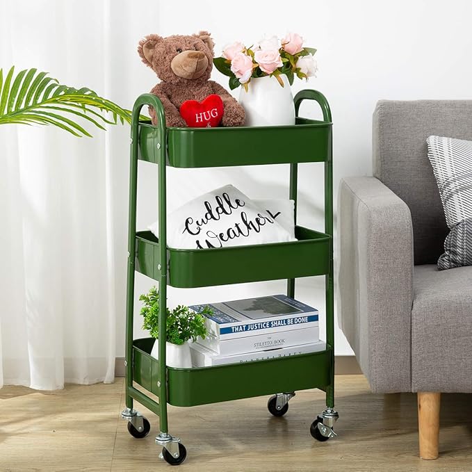 AGTEK Makeup Cart, Movable Rolling Organizer Cart, Bluish Green 3 Tier Metal Utility Cart-NeatNest
