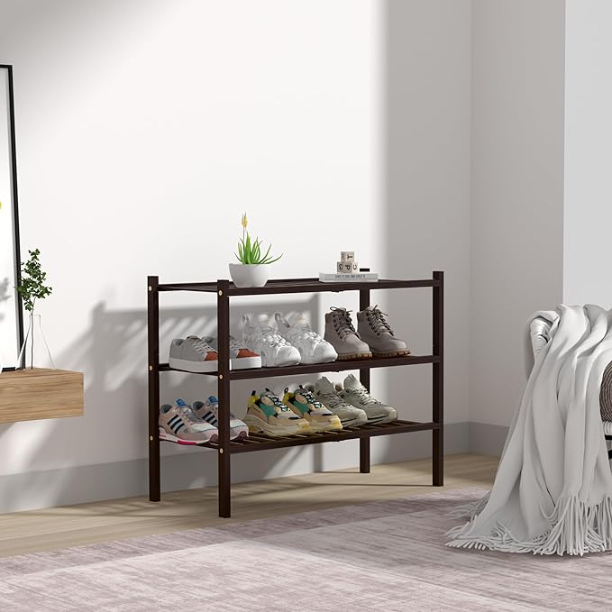 3 Tier Bamboo Shoe Rack for Closet Free Standing Wood Shoe Shelf for Entryway Small Space Stackable 27"x11"x20" (Brown)-NeatNest
