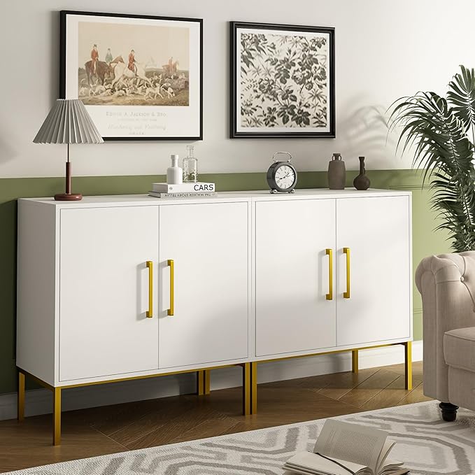 JOZZBY Storage Cabinet with Doors, Free Standing Buffet Cabinet, Modern Wooden Sideboard, White Side Cabinets for Bedroom, Living Room, Kitchen, Office and Hallway WLFH0007WH