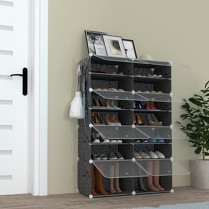 Shoe Rack Organizer, 32 Pair Shoe Storage Cabinet with Door Expandable Plastic Shoe Shelves for Closet,Heels,Boots,Slippers,8 Tier-NeatNest