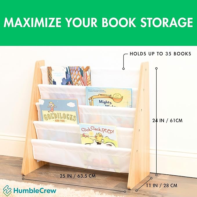 Humble Crew 4-Tier Kids Bookshelf, Natural Wood/White - Premium Book Shelf for Kids Rooms with Four Deep Pockets - Toddler Sling Book Rack with Deep Sleeves, Nursery Bookcase Organizer