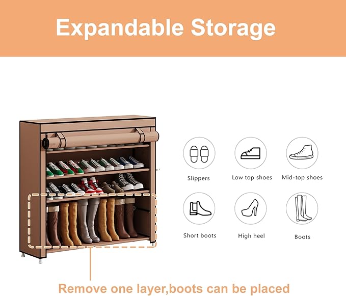 Calmootey 5 Tier Shoe Rack Organizer to Hold 25 Pairs, Portable Shoe Shelf with Nonwoven Fabric Cover for Closet Hallway, Bedroom, Entryway, Brown-NeatNest
