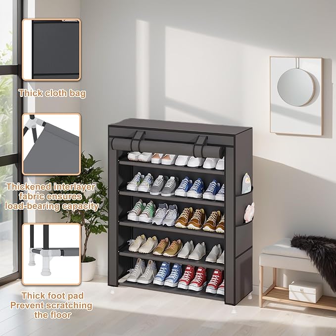 Laiensia 5-Tier Vertical Shoe Rack Organizer, Space Saving Shoe Storage Organizer, Non-Woven Cover Shoe Shelf Holds 20-25 Pairs for Bedroom, Hallway, Closet Entryway, Grey-NeatNest