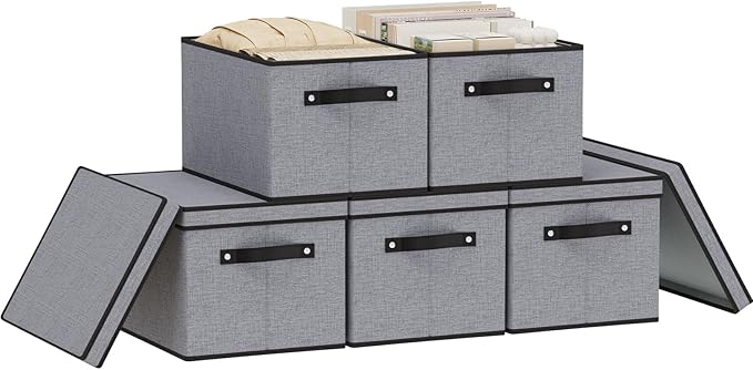 Clothing Storage Bins, Blanket Baskets for Shelves, Fabric Cubes with Handles and Lids, Decorative Linen Closet Organizers Boxes, Gray, 5 Pack, 16.5 x 11.8 x 10.2 Inch-NeatNest